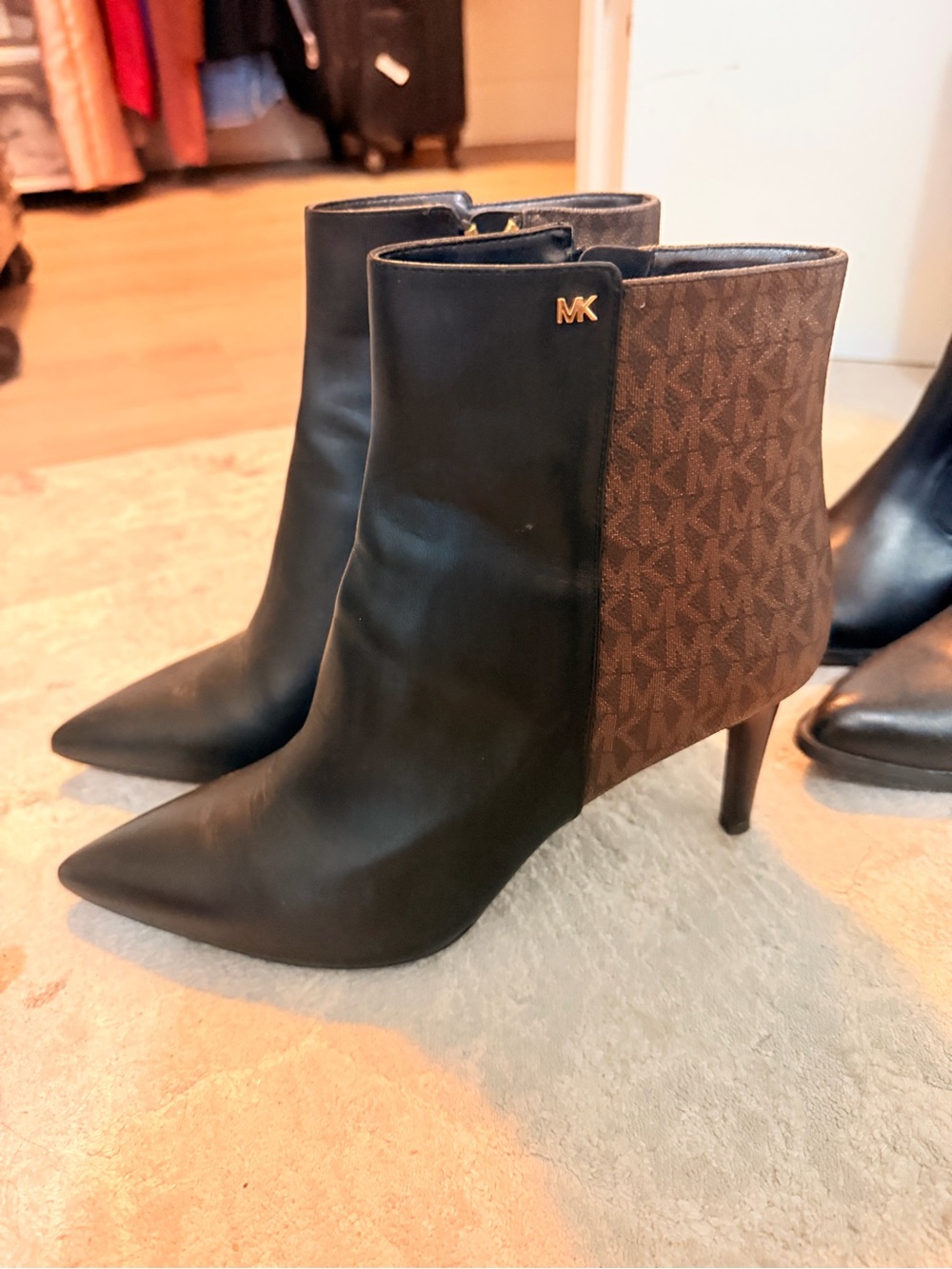 Michael Kors Black Leather & Brown MK Logo Pointed Heel Ankle Boots